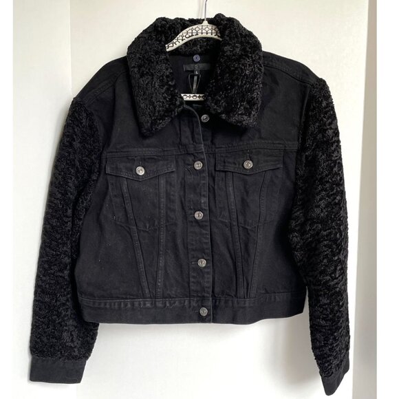 7 For All Mankind Denim Jacket Womens Black Crop Faux Shearling Fur Collar Arms - Picture 1 of 11